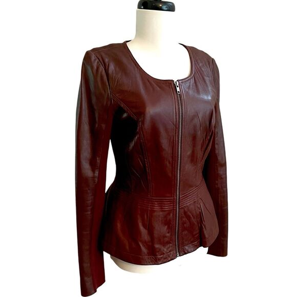 Hinge Leather Peplum Zip Jacket S Burgundy Red Witchy Preppy Mob Wife Capsule - Picture 9 of 13